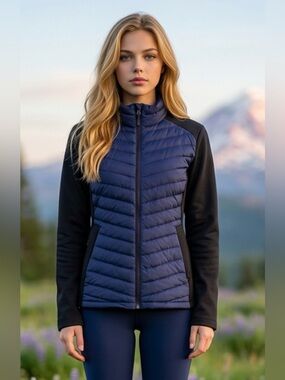 32 Degrees Navy Quilted Front Hybrid Jacket with Black Sleeves R1
